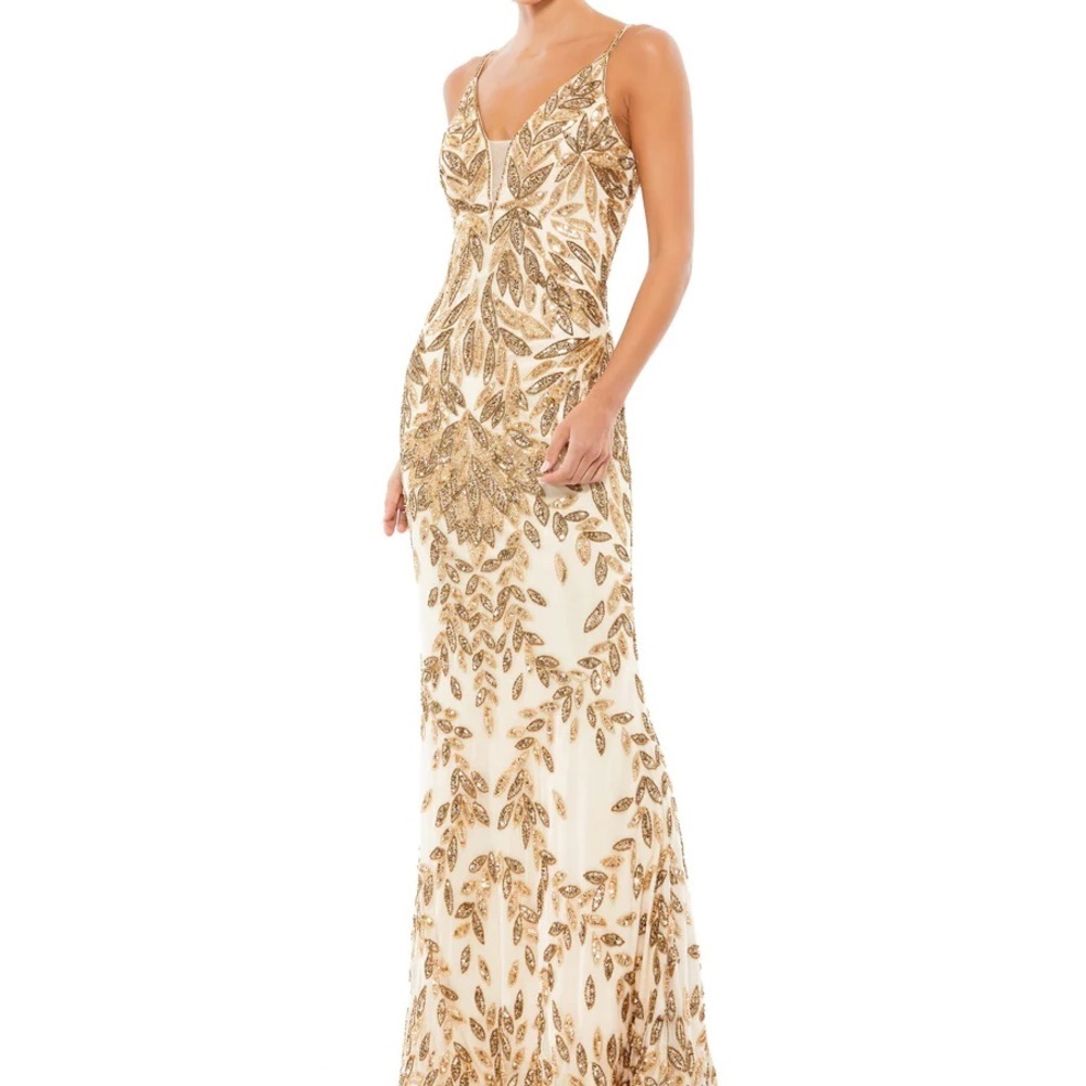 Mac Duggal Gold Sequin Gown on Cream